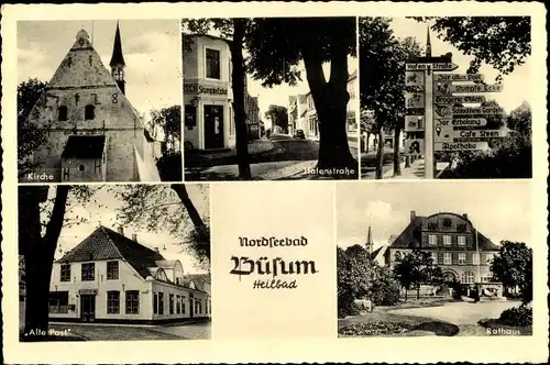 Ak Nordseebad Büsum, Kirche, Hafenstraße, Stumpfe Ecke, Alte Post, Rathaus, Wegweiser