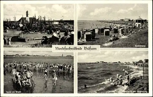 Ak Nordseebad Büsum, Hafen, Leuchtturm, Südstrand, Spiel im Watt, Brandung