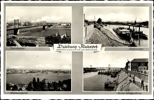 Ak Ruhrort Duisburg im Ruhrgebiet, Rheinbrücke, Hafenpartie, Hafeneinfahrt, An der Schifferbörse