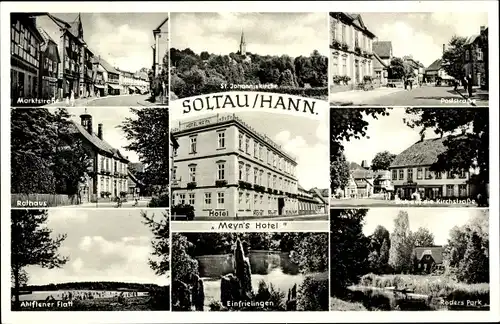 Ak Soltau Lüneburger Heide, Meyns Hotel, Marktstraße, Poststraße, Roders Park, Einfrielingen