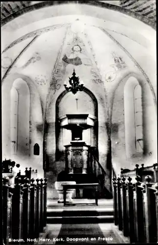 Ak Bierum Groningen, Ned. Herv. Kerk, Doopvont en Fresco