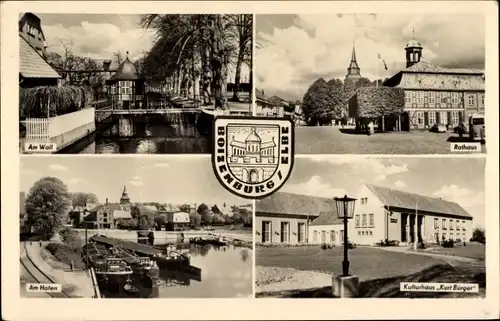 Ak Boizenburg an der Elbe, Hafen, Rathaus, Am Wall, Kulturhaus Kurt Bürger, Wappen