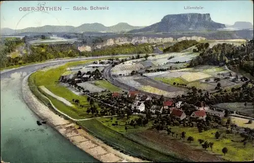 Ak Oberrathen Rathen an der Elbe Sächsische Schweiz, Luftbild vom Ort mit Lilienstein