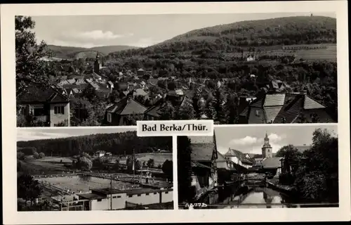 Ak Bad Berka bei Weimar Thüringen, Blick auf das Freibad, Stadtkirche und Fluss