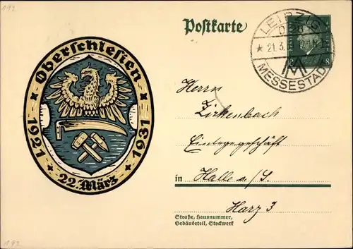 Ganzsachen Ak Oberschlesien, 22. März, 1921 bis 1931, Wappen, 8 Pfennig