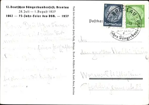 KünstlerAk Wrocław Breslau Schlesien, Rathaus, 12. Deutsches Sängerbundesfest 1937, 75 Jahrfeier DSB