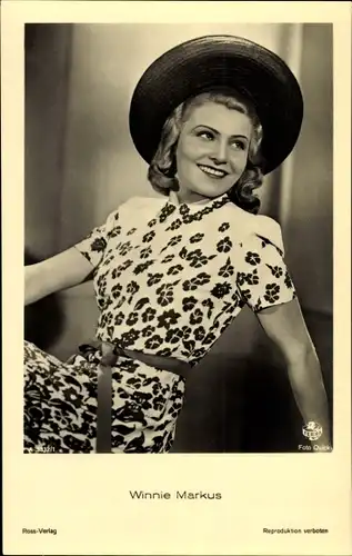 Ak Schauspielerin Winnie Markus, Portrait mit Hut