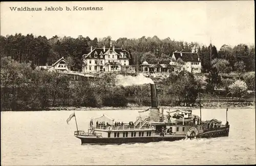 Ak Konstanz am Bodensee, Waldhaus Jakob, Blick vom See aus, Dampfschiff