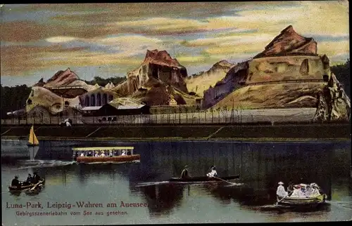 Ak Wahren Leipzig in Sachsen, Lunapark am Auensee, Ruderboote, Gebirgsszeneriebahn
