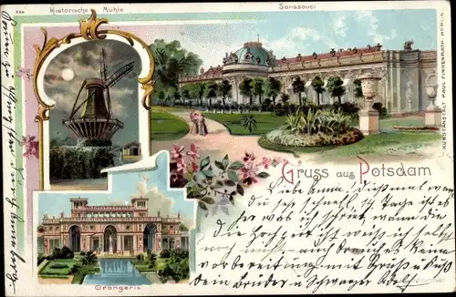 Litho Potsdam in Brandenburg, Sanssouci, historische Mühle, Orangerie