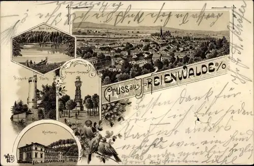 Litho Bad Freienwalde an der Oder, Baasee, Kriegerdenkmal, Kurhaus, Gesamtansicht, Vögel