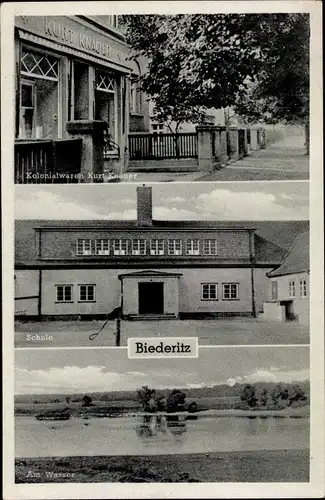Ak Biederitz Sachsen Anhalt, Kolonialwarengeschäft Kurt Knauer, Schule, Am Wasser