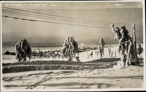 Ak Boží Dar Gottesgab Erzgebirge Region Karlsbad, Ortsansicht, Winterszene, Verschneite Bäume