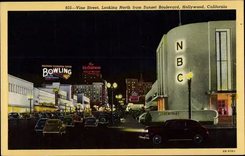 Ak Hollywood Los Angeles Kalifornien USA, Vine Street, NBC, Bowling, Nacht