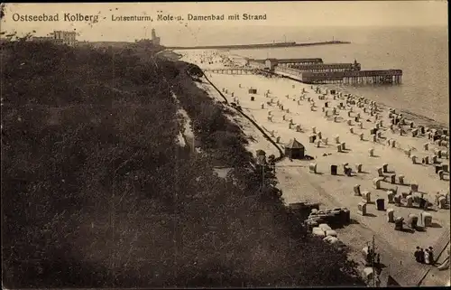 Ak Kołobrzeg Kolberg Pommern, Lotsenturm, Mole und Damenbad mit Strand