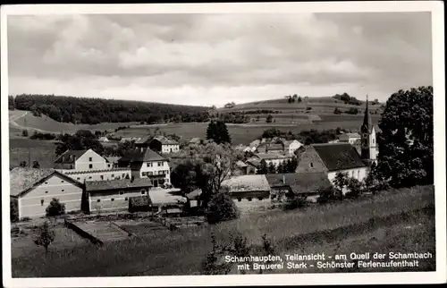 Ak Schamhaupten Altmannstein Oberbayern, Teilansicht am Quell der Schambach mit Brauerei Stark