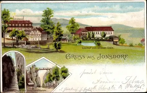 Litho Jonsdorf in Sachsen, Gasthof zum weißen Stein, Felsengasse und Gesellschaftsplatz Nonnenfelsen