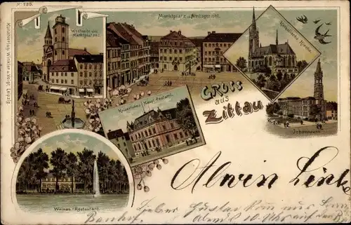 Litho Zittau in der Oberlausitz, Marktplatz, Amtsgericht, Johanneum, Kirche, Kaiserliches Postamt