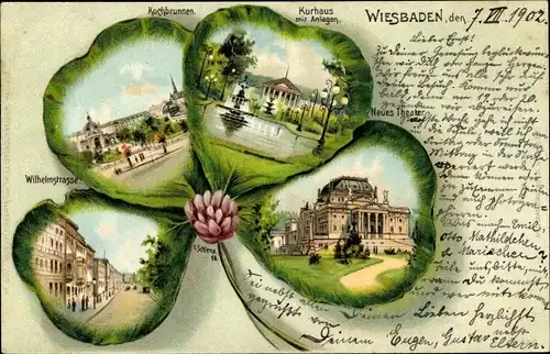 Kleeblatt Litho Wiesbaden in Hessen, Kurhaus, Theater, Kochbrunnen, Wilhelmstraße