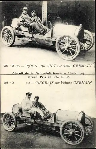 Ak Roch Brault et Degrais sur voiture Germain, Auto, Circuit de la Seine Inferieure 1908