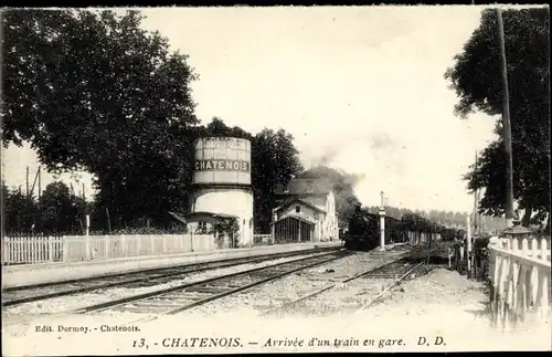 Ak Châtenois Vosges, La Gare, Arrivée d'un train