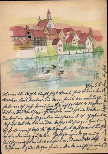 Handgemalt Ak Stadtansicht, Gewässer