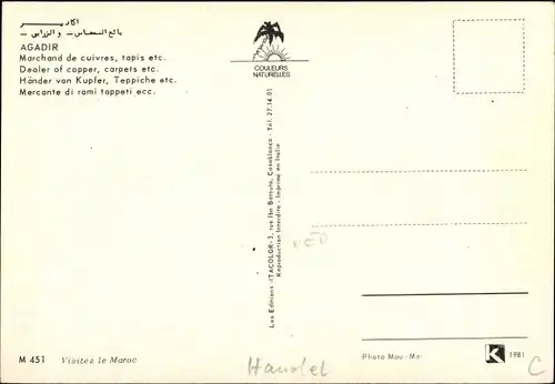 Ak Agadir Marokko, Händler von Kupfer, Teppiche