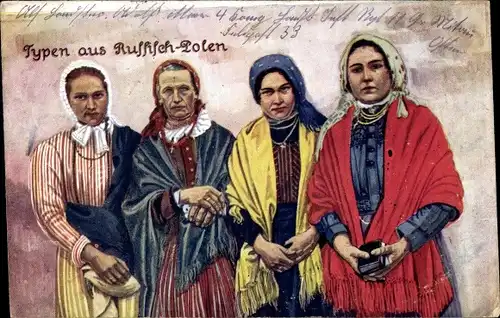 Künstler Ak Typen aus Russisch Polen, Frauen in Trachten, Kopftücher, Schultertücher