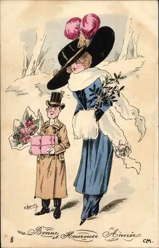 Künstler Ak Glückwunsch Neujahr, Frau mit Hut und Wintermantel, Mann mit Geschenk