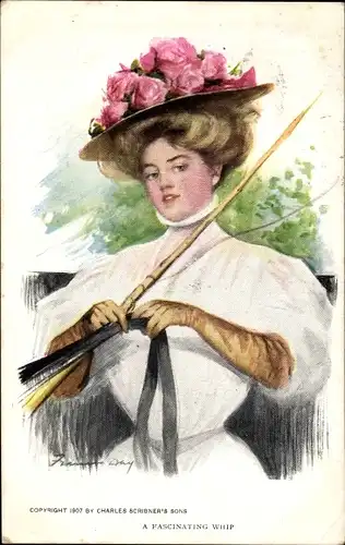 Künstler Ak Junge Frau mit Hut in einer Kutsche