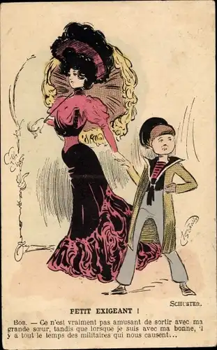 Künstler Ak Petit Exigeant, Junge mit eleganter Dame