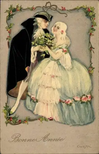 Künstler Ak Glückwunsch Neujahr, Paar mit Mistelzweigen