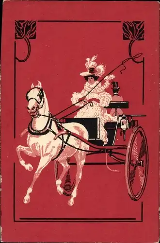 Ak Frau fährt eine Kutsche, Weißes Pferd