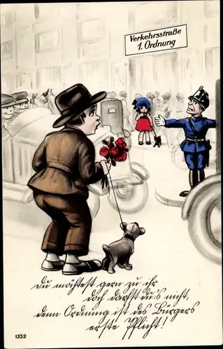 Künstler Ak Mann mit Blumen möchte zu Frau mit Hund