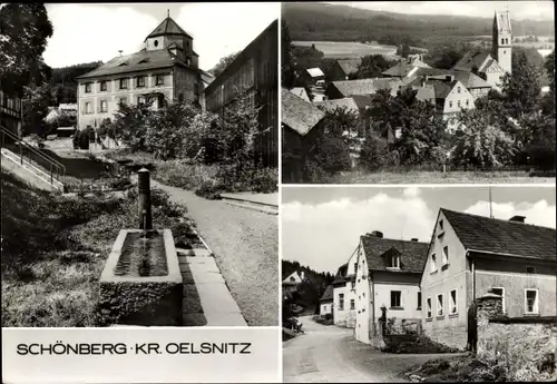 Ak Schönberg am Kapellenberg Bad Brambach im Vogtland, Kirche, Brunnen, Ortsansichten