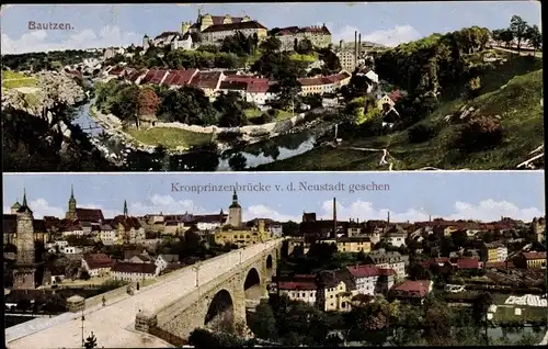 Ak Bautzen in der Lausitz, Gesamtansicht, Kronprinzenbrücke von der Neustadt gesehen