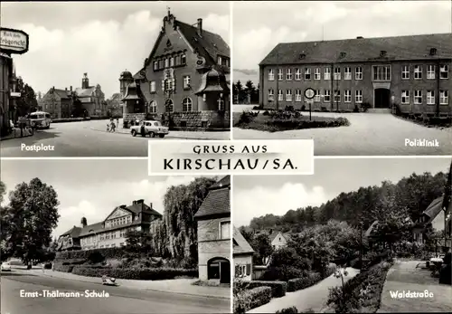 Ak Kirschau in der Lausitz, Postplatz, Poliklinik, Waldstraße, Ernst-Thälmann-Schule