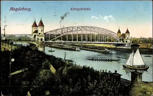 Ak Magdeburg, Königsbrücke, Segelboot