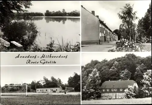 Ak Arnsdorf HilbersdorfVierkirchen Oberlausitz, Holzmühlenteich, Sportplatz, Neubaublock, Forsthau