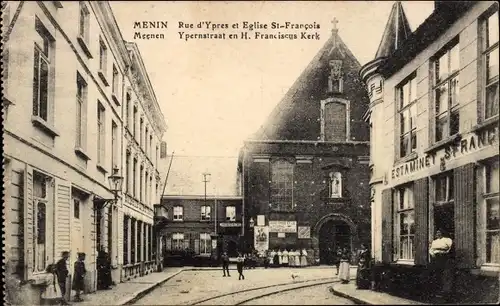 Ak Menin Menen Meenen Lys Westflandern, Rue d'Ypres et Eglise St-Francois