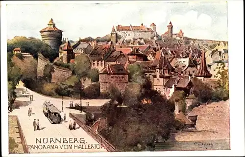Künstler Ak Nürnberg in Mittelfranken Bayern, Hallertor, Panorama, Straßenbahn