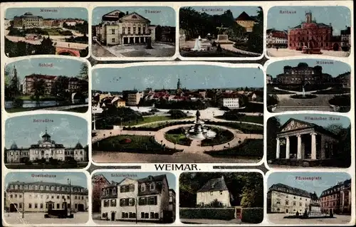 Ak Weimar in Thüringen, Rathaus, Goethehaus, Theater, Schloss, Belvedere, Schillerhaus