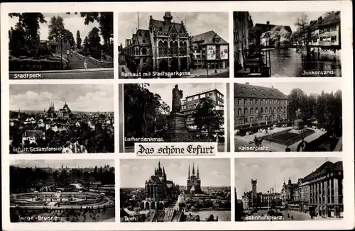 Ak Erfurt in Thüringen, Rathaus mit Stadtsparkasse, Dom, Bahnhofsplatz, Stadtpark, Kaiserplatz