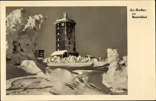 Ak Brocken Nationalpark Harz, Der Brocken im Winterkleid, Brockenturm