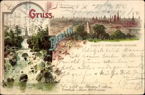 Litho Berlin Kreuzberg, Wasserfall im Victoria Park, Panorama von Kreuzberg