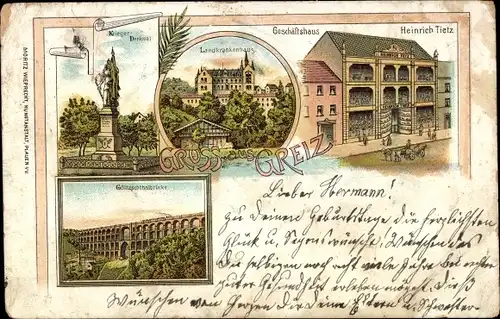 Litho Greiz im Vogtland, Geschäftshaus Heinrich Tietz, Landkrankenhaus, Kriegerdenkmal