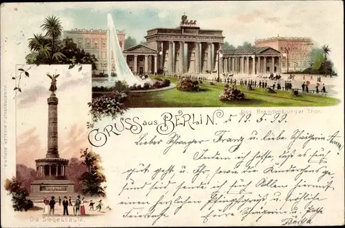 Litho Berlin Tiergarten, Die Siegessäule, Brandenburger Tor
