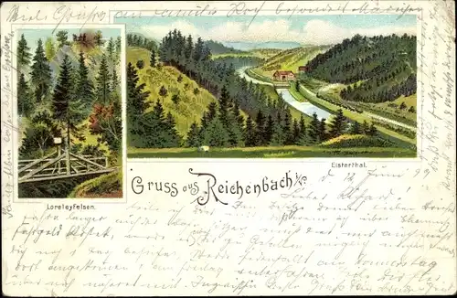 Litho Reichenbach im Vogtland, Elstertal, Partie am Loreleyfelsen, Brücke, Wald