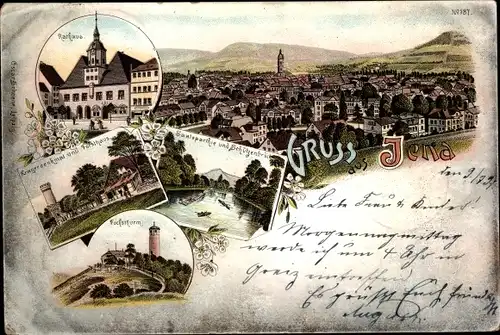 Litho Jena in Thüringen, Rathaus, Kriegerdenkmal, Forsthaus, Fuchsturm, Schützenbrück, Saalepartie