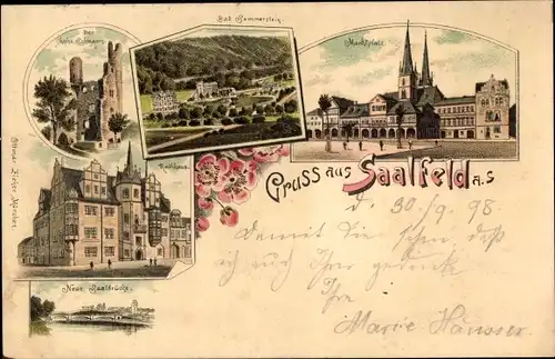Litho Saalfeld an der Saale Thüringen, Neue Saalbrücke, Marktplatz, Rathaus